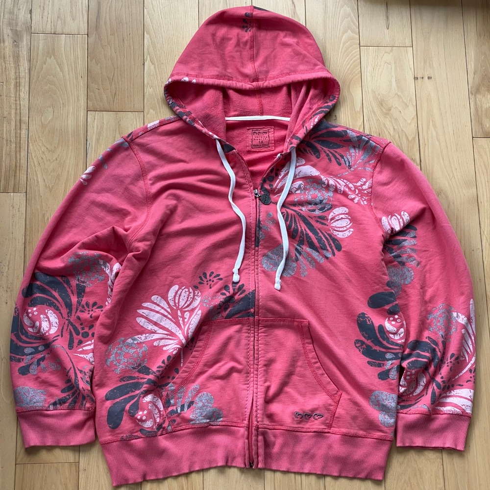 Three Hearts Tropical Pink Full Zip Cotton Hoodie Boho Floral Vacationcore - 1X